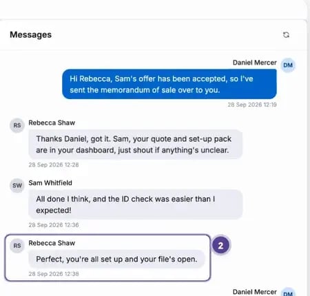 A case in Evorix: the conveyancer's and the client's messages in one thread